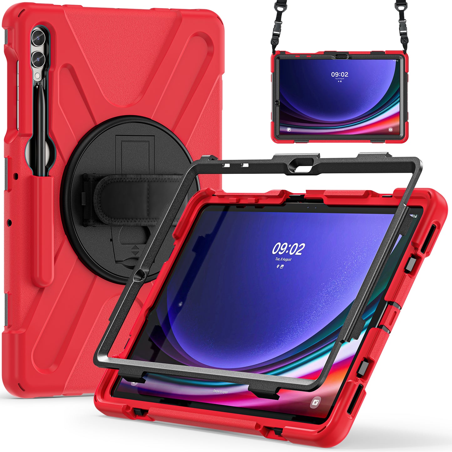 For Samsung Galaxy Tab S10+ X826 / S9 FE+ / S9+ / S8+ / S7+ Shockproof PC+Silicone Rugged Tablet Case Kickstand with Hand Band  /  Shoulder Strap - Red  /  Black