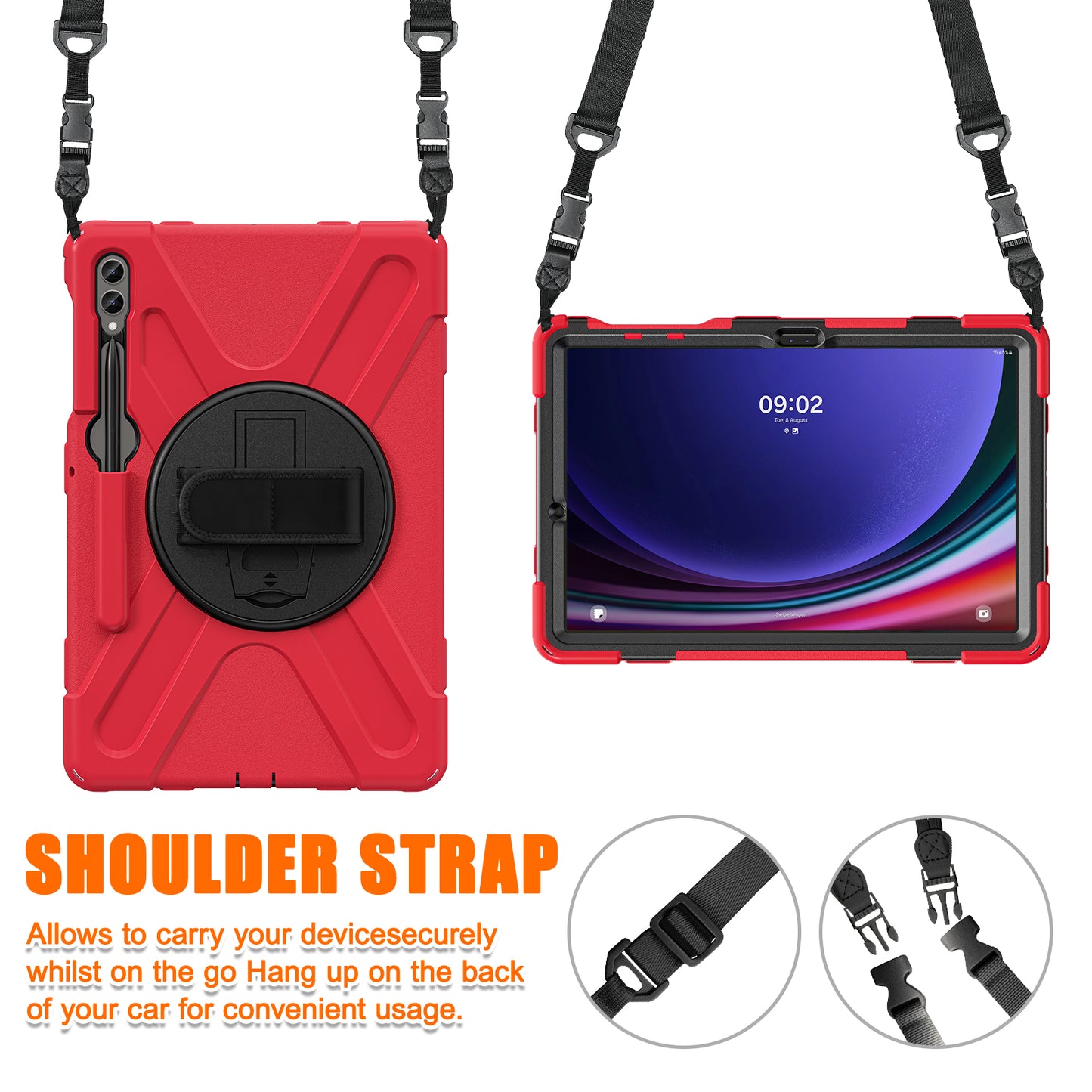 For Samsung Galaxy Tab S10+ X826 / S9 FE+ / S9+ / S8+ / S7+ Shockproof PC+Silicone Rugged Tablet Case Kickstand with Hand Band  /  Shoulder Strap - Red  /  Black