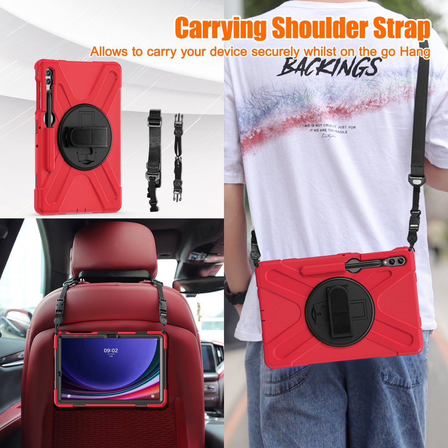For Samsung Galaxy Tab S10+ X826 / S9 FE+ / S9+ / S8+ / S7+ Shockproof PC+Silicone Rugged Tablet Case Kickstand with Hand Band  /  Shoulder Strap - Red  /  Black