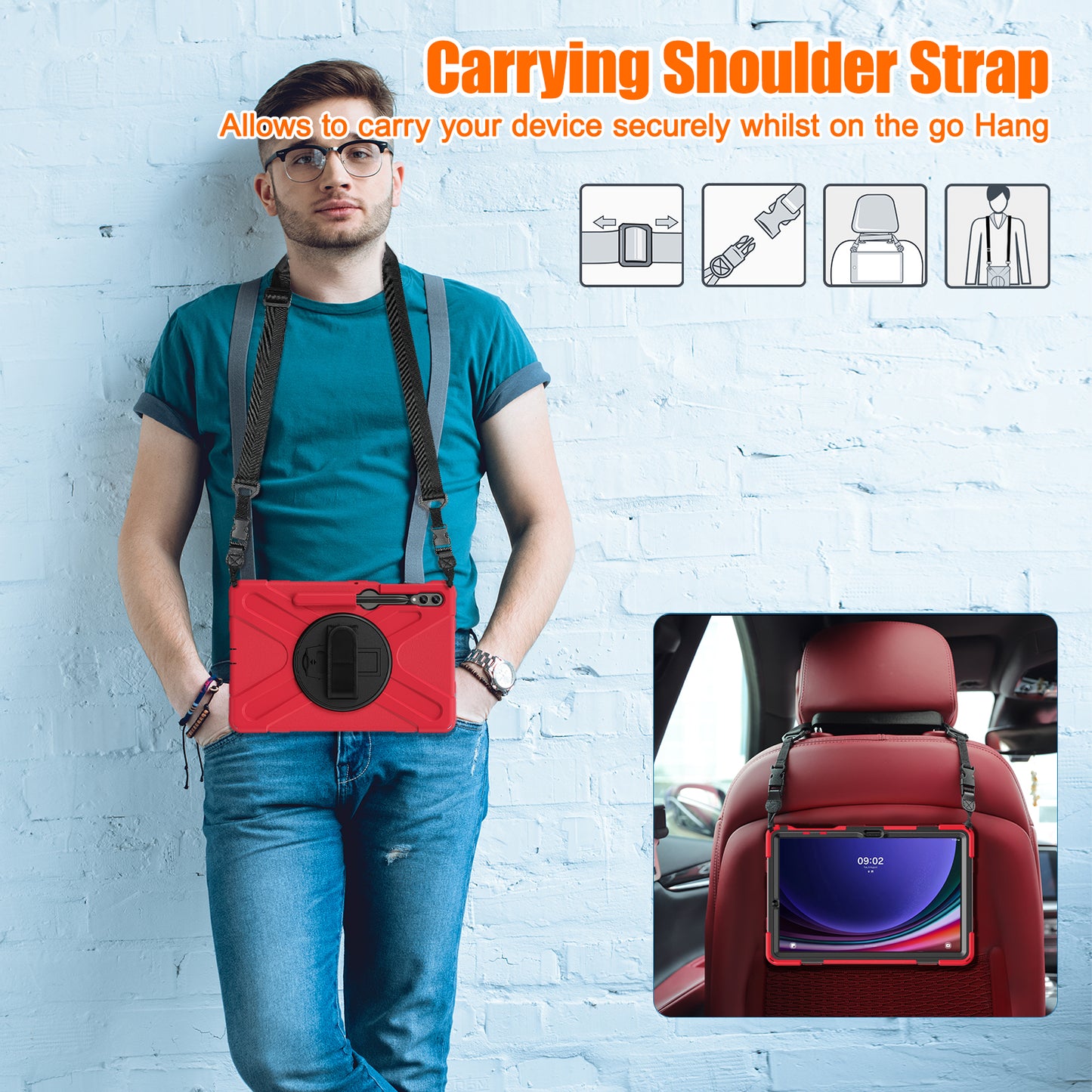 For Samsung Galaxy Tab S10+ X826 / S9 FE+ / S9+ / S8+ / S7+ Shockproof PC+Silicone Rugged Tablet Case Kickstand with Hand Band  /  Shoulder Strap - Red  /  Black