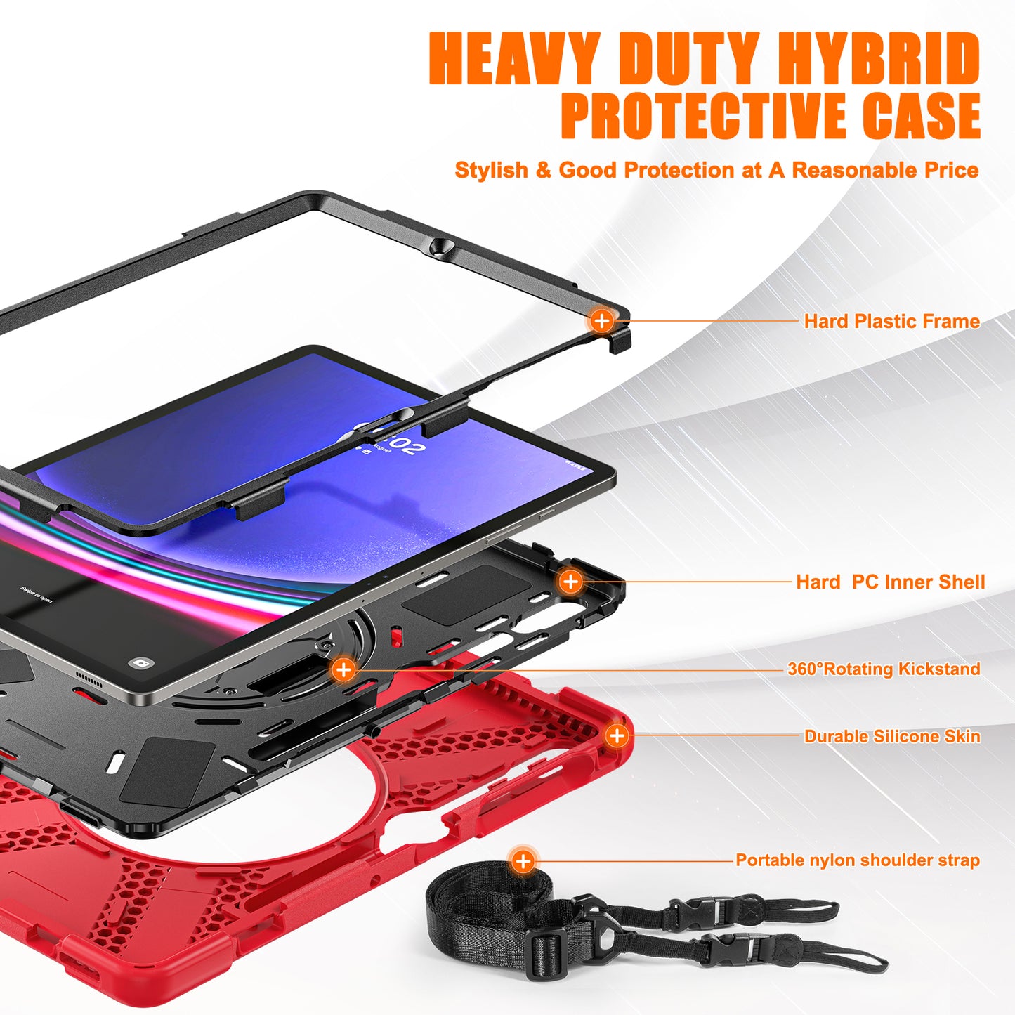 For Samsung Galaxy Tab S10+ X826 / S9 FE+ / S9+ / S8+ / S7+ Shockproof PC+Silicone Rugged Tablet Case Kickstand with Hand Band  /  Shoulder Strap - Red  /  Black
