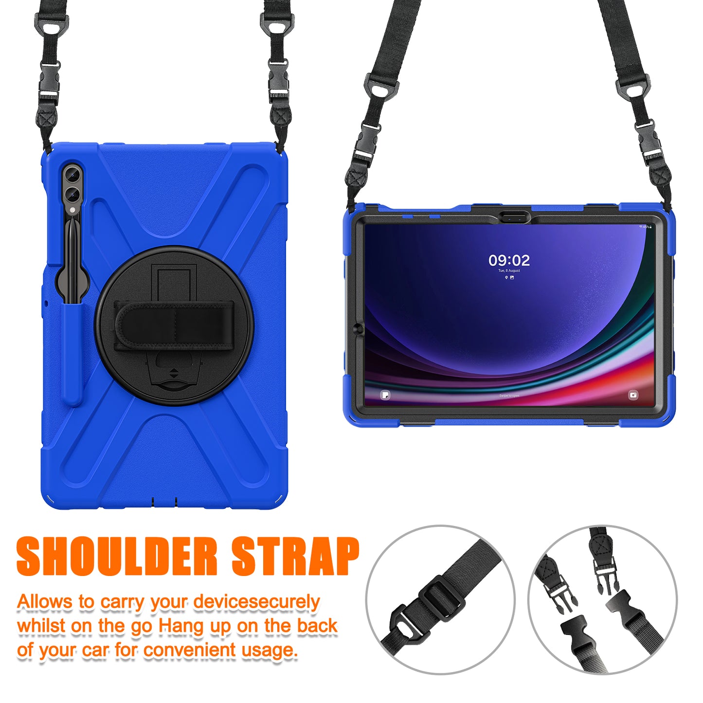 For Samsung Galaxy Tab S10+ X826 / S9 FE+ / S9+ / S8+ / S7+ Shockproof PC+Silicone Rugged Tablet Case Kickstand with Hand Band  /  Shoulder Strap - Blue  /  Black