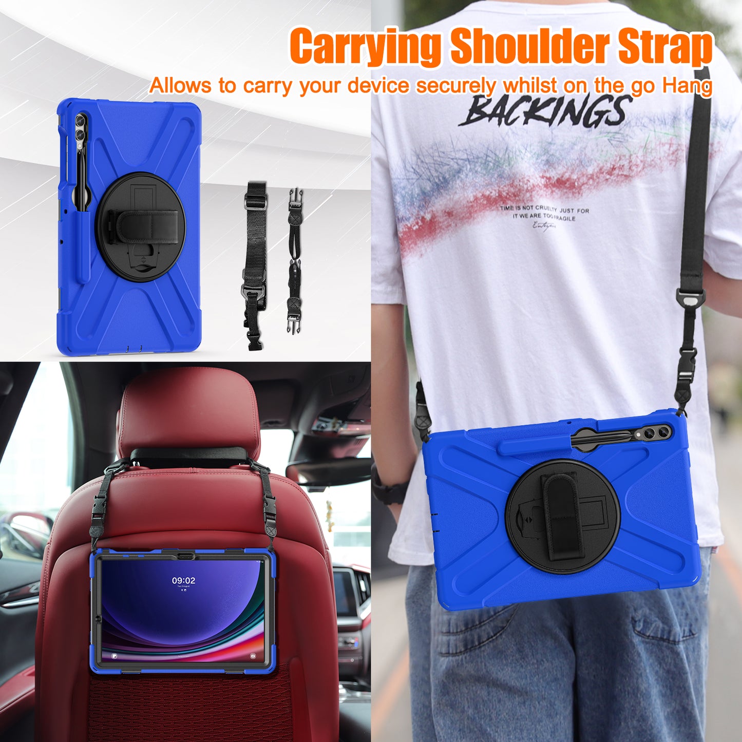 For Samsung Galaxy Tab S10+ X826 / S9 FE+ / S9+ / S8+ / S7+ Shockproof PC+Silicone Rugged Tablet Case Kickstand with Hand Band  /  Shoulder Strap - Blue  /  Black