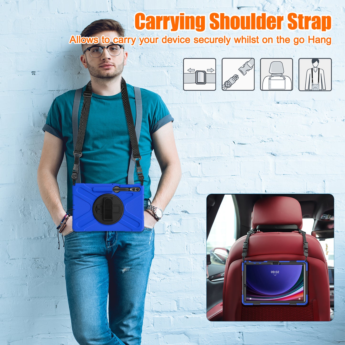 For Samsung Galaxy Tab S10+ X826 / S9 FE+ / S9+ / S8+ / S7+ Shockproof PC+Silicone Rugged Tablet Case Kickstand with Hand Band  /  Shoulder Strap - Blue  /  Black