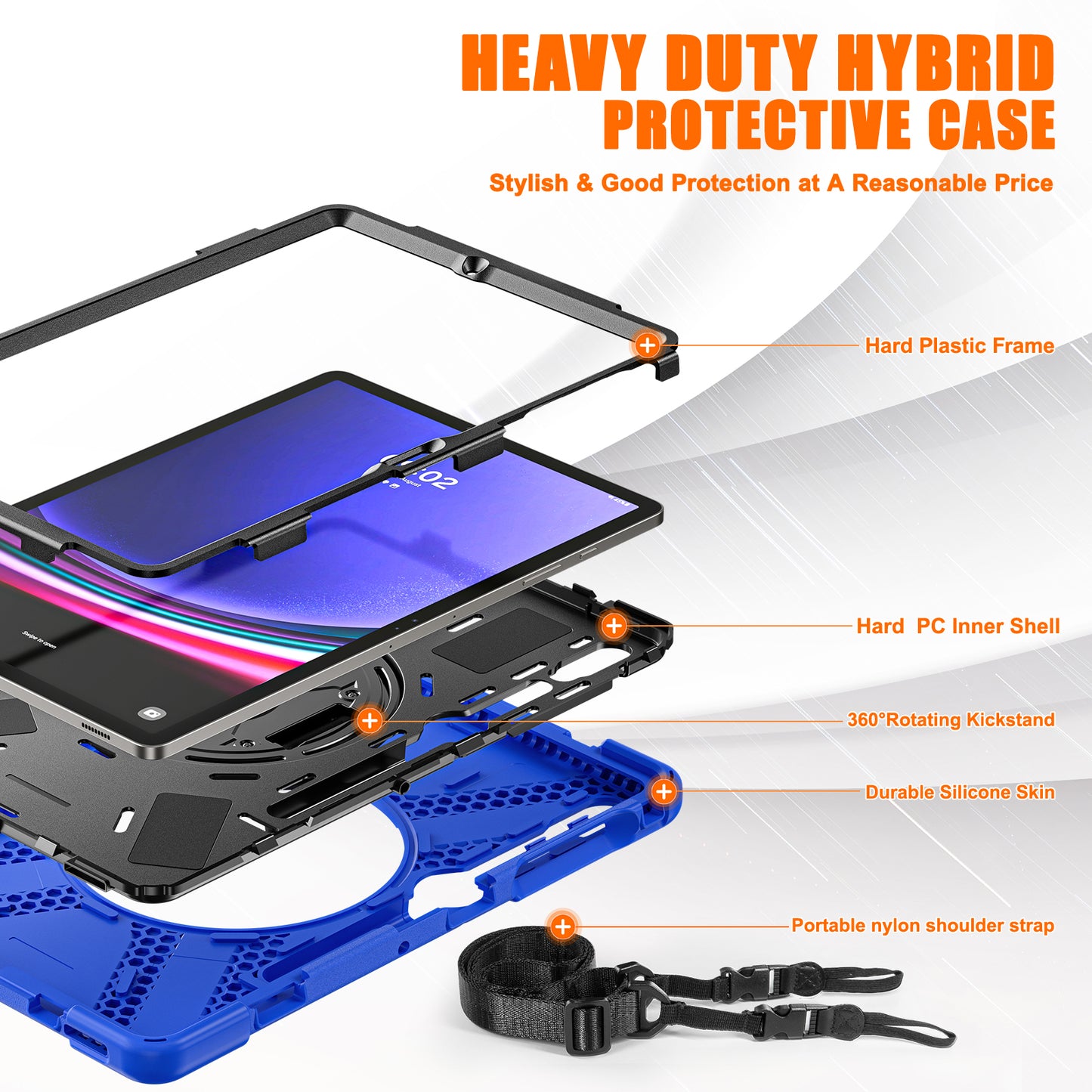 For Samsung Galaxy Tab S10+ X826 / S9 FE+ / S9+ / S8+ / S7+ Shockproof PC+Silicone Rugged Tablet Case Kickstand with Hand Band  /  Shoulder Strap - Blue  /  Black