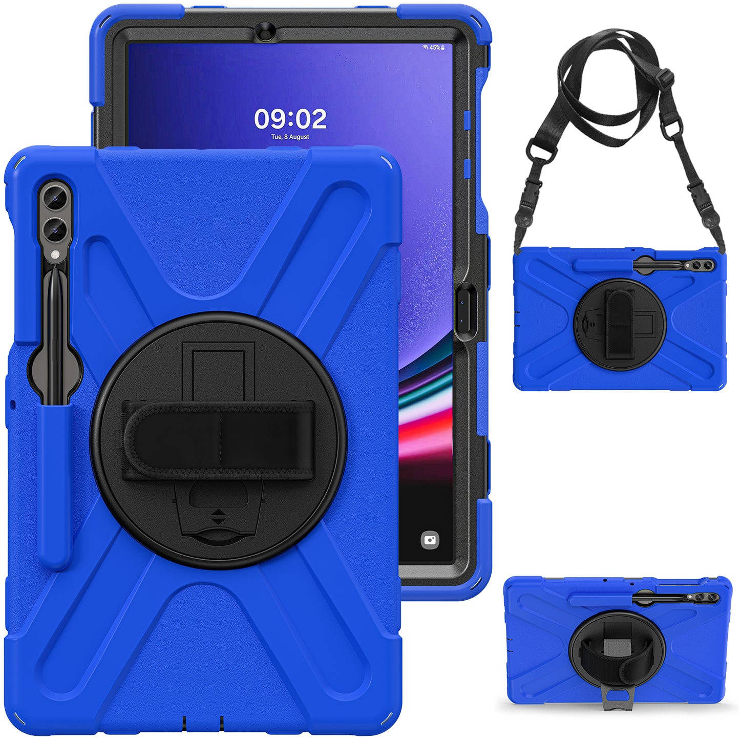 For Samsung Galaxy Tab S10+ X826 / S9 FE+ / S9+ / S8+ / S7+ Shockproof PC+Silicone Rugged Tablet Case Kickstand with Hand Band  /  Shoulder Strap - Blue  /  Black