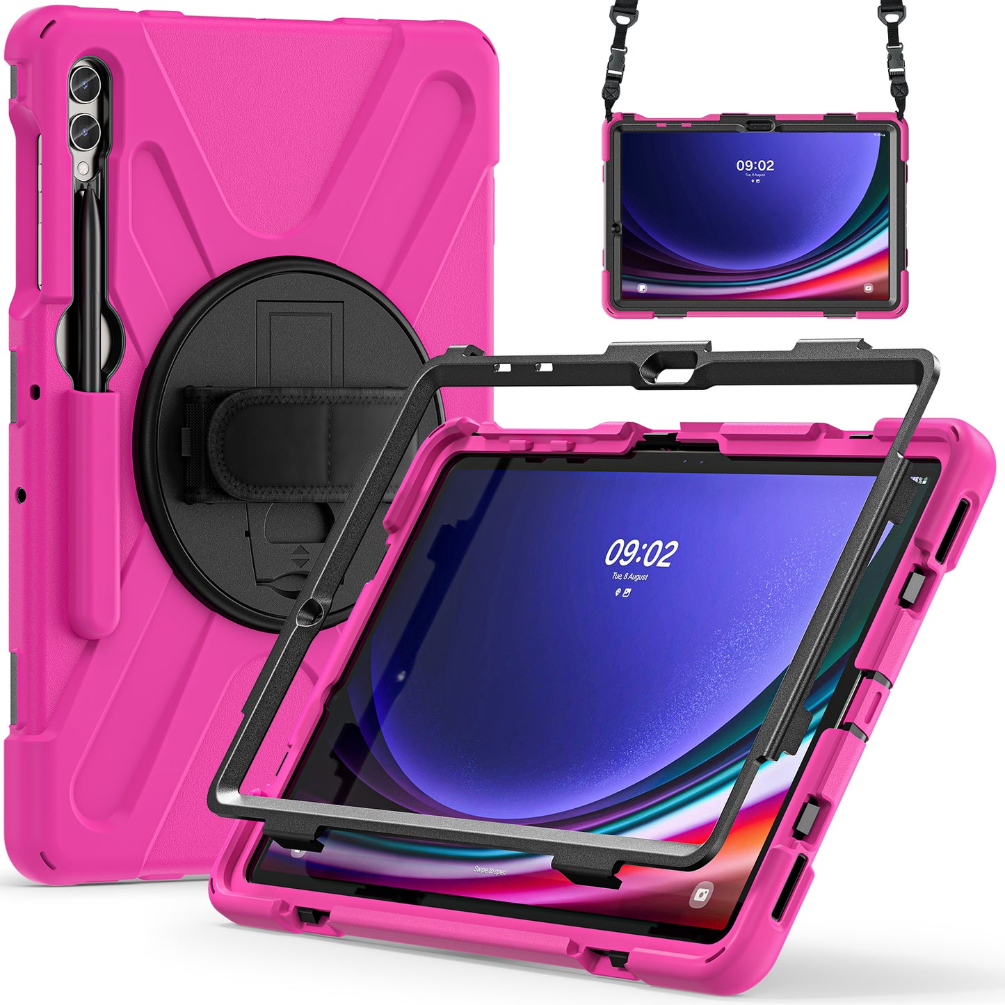 For Samsung Galaxy Tab S10+ X826 / S9 FE+ / S9+ / S8+ / S7+ Shockproof PC+Silicone Rugged Tablet Case Kickstand with Hand Band  /  Shoulder Strap - Rose  /  Black