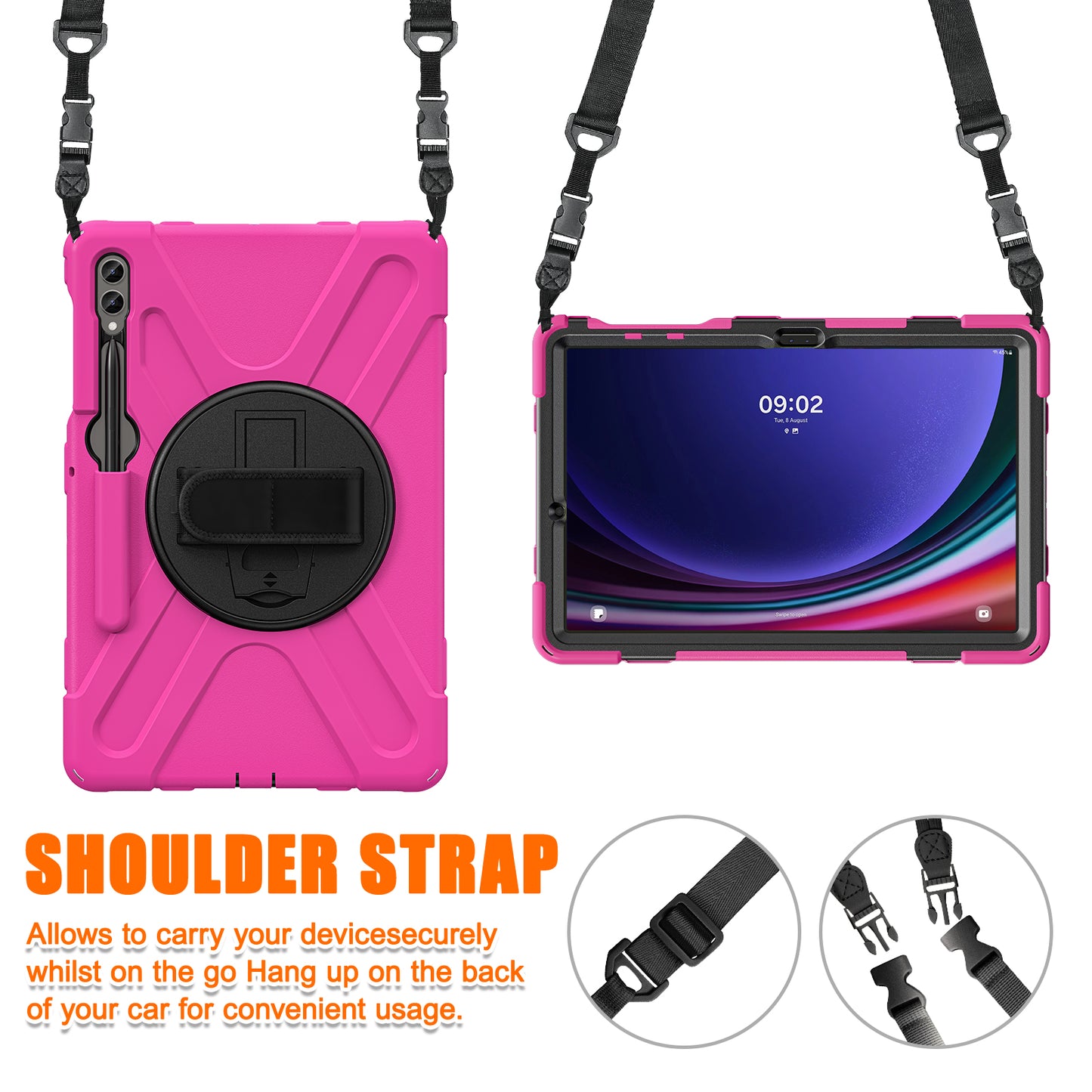 For Samsung Galaxy Tab S10+ X826 / S9 FE+ / S9+ / S8+ / S7+ Shockproof PC+Silicone Rugged Tablet Case Kickstand with Hand Band  /  Shoulder Strap - Rose  /  Black