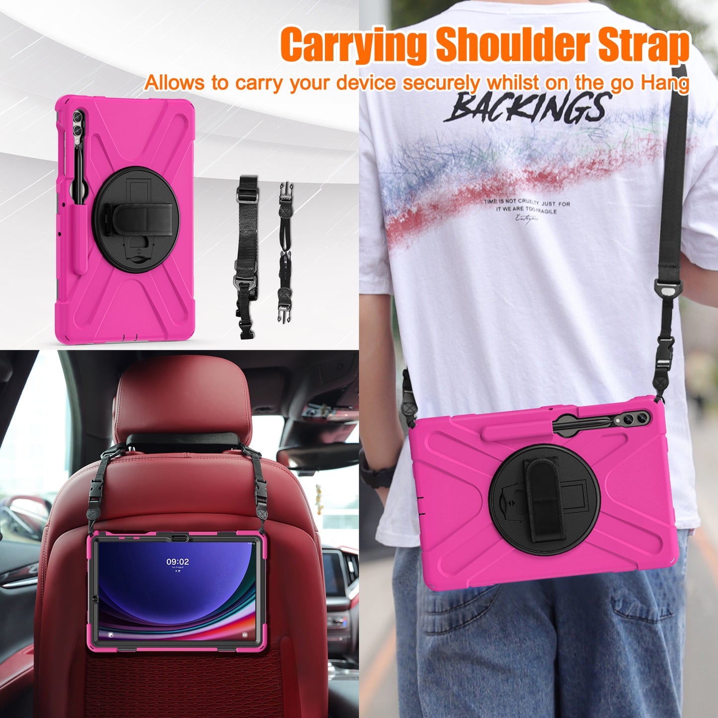 For Samsung Galaxy Tab S10+ X826 / S9 FE+ / S9+ / S8+ / S7+ Shockproof PC+Silicone Rugged Tablet Case Kickstand with Hand Band  /  Shoulder Strap - Rose  /  Black
