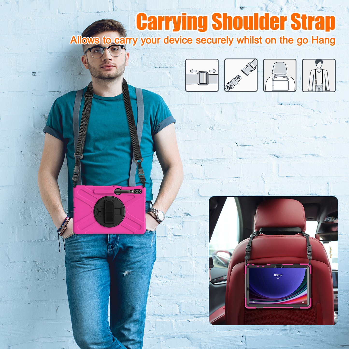 For Samsung Galaxy Tab S10+ X826 / S9 FE+ / S9+ / S8+ / S7+ Shockproof PC+Silicone Rugged Tablet Case Kickstand with Hand Band  /  Shoulder Strap - Rose  /  Black