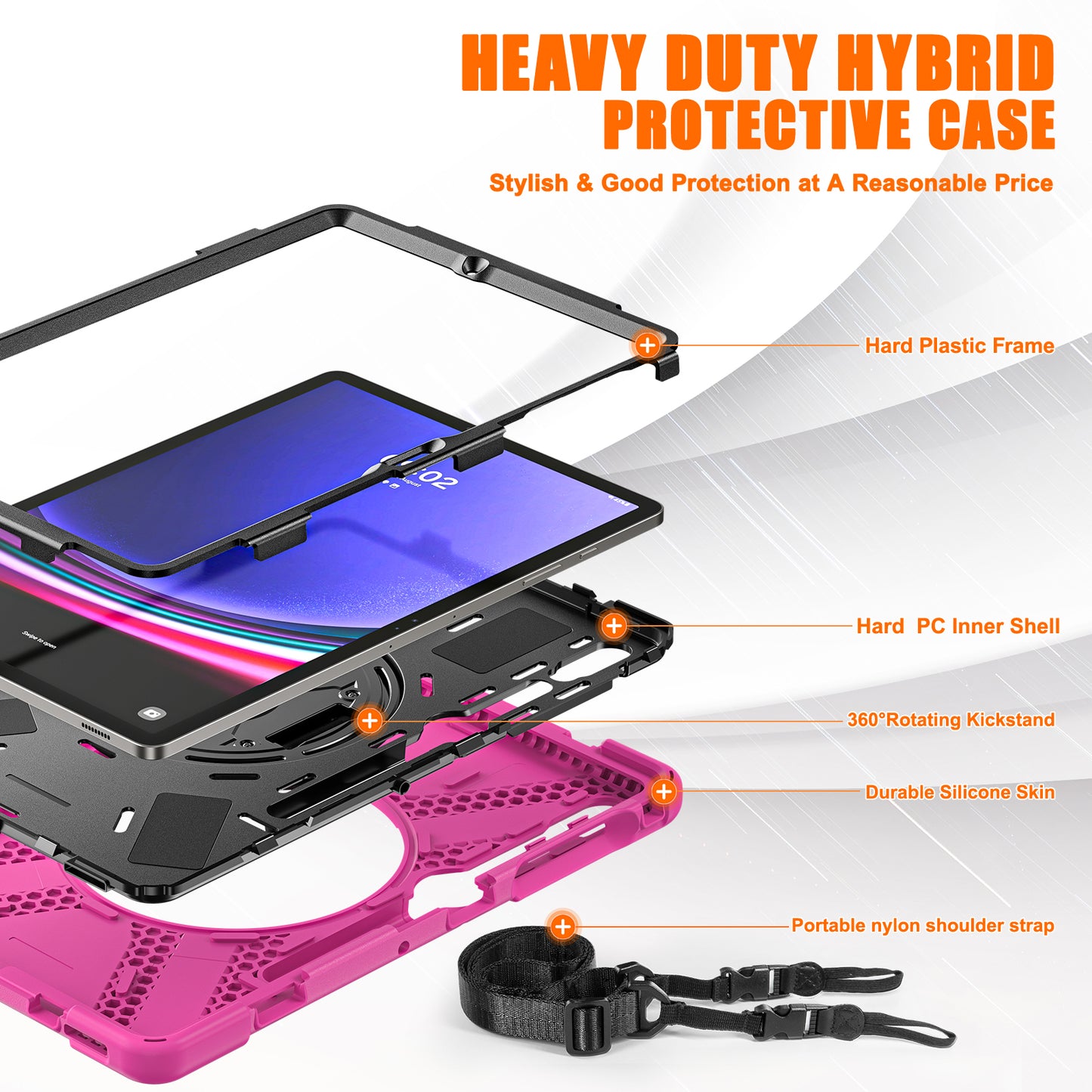 For Samsung Galaxy Tab S10+ X826 / S9 FE+ / S9+ / S8+ / S7+ Shockproof PC+Silicone Rugged Tablet Case Kickstand with Hand Band  /  Shoulder Strap - Rose  /  Black