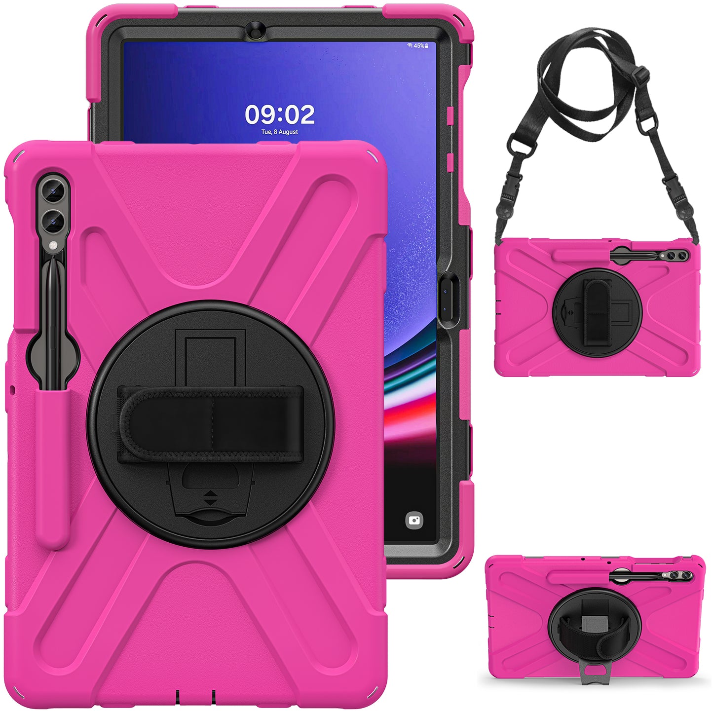 For Samsung Galaxy Tab S10+ X826 / S9 FE+ / S9+ / S8+ / S7+ Shockproof PC+Silicone Rugged Tablet Case Kickstand with Hand Band  /  Shoulder Strap - Rose  /  Black
