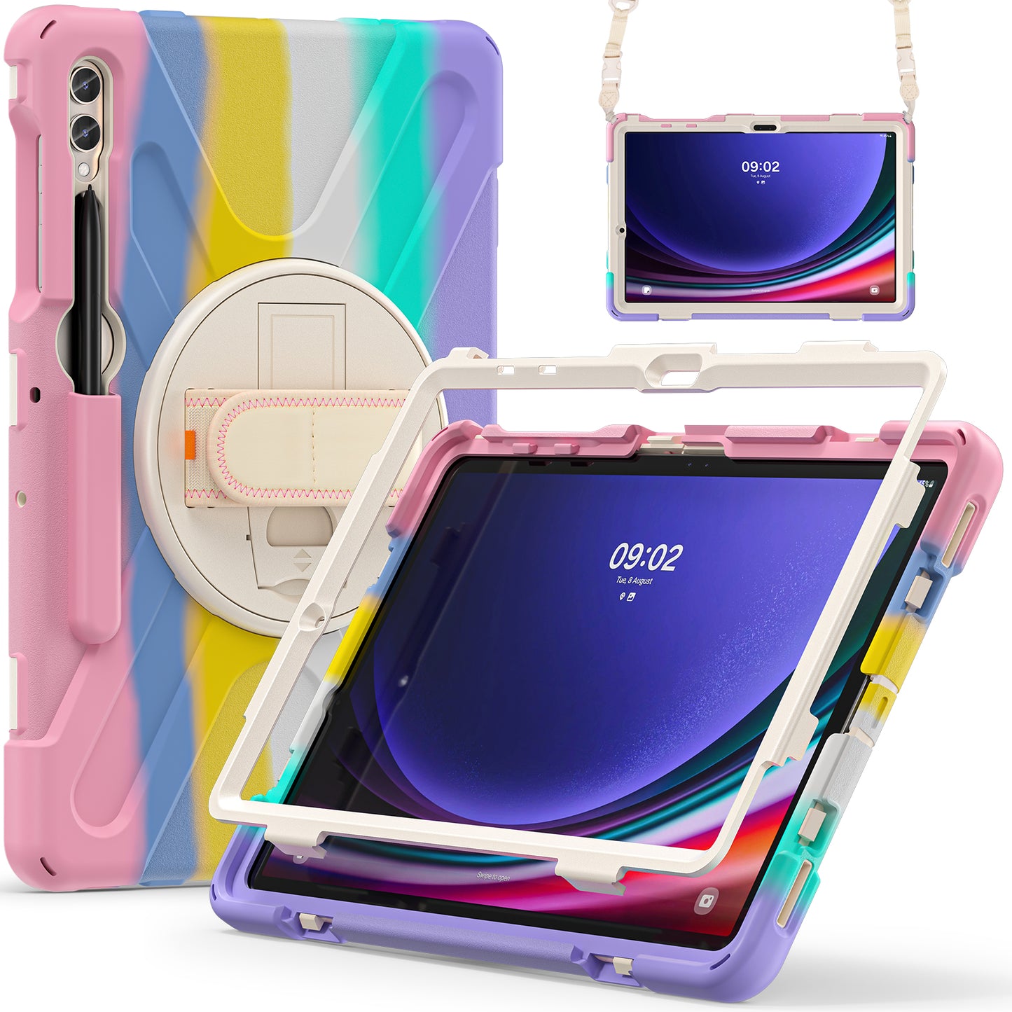 For Samsung Galaxy Tab S10+ X826 / S9 FE+ / S9+ / S8+ / S7+ Shockproof PC+Silicone Rugged Tablet Case Kickstand with Hand Band  /  Shoulder Strap - Colorful Pink