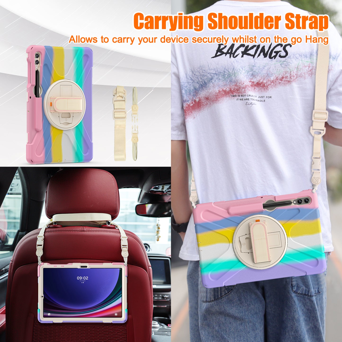 For Samsung Galaxy Tab S10+ X826 / S9 FE+ / S9+ / S8+ / S7+ Shockproof PC+Silicone Rugged Tablet Case Kickstand with Hand Band  /  Shoulder Strap - Colorful Pink