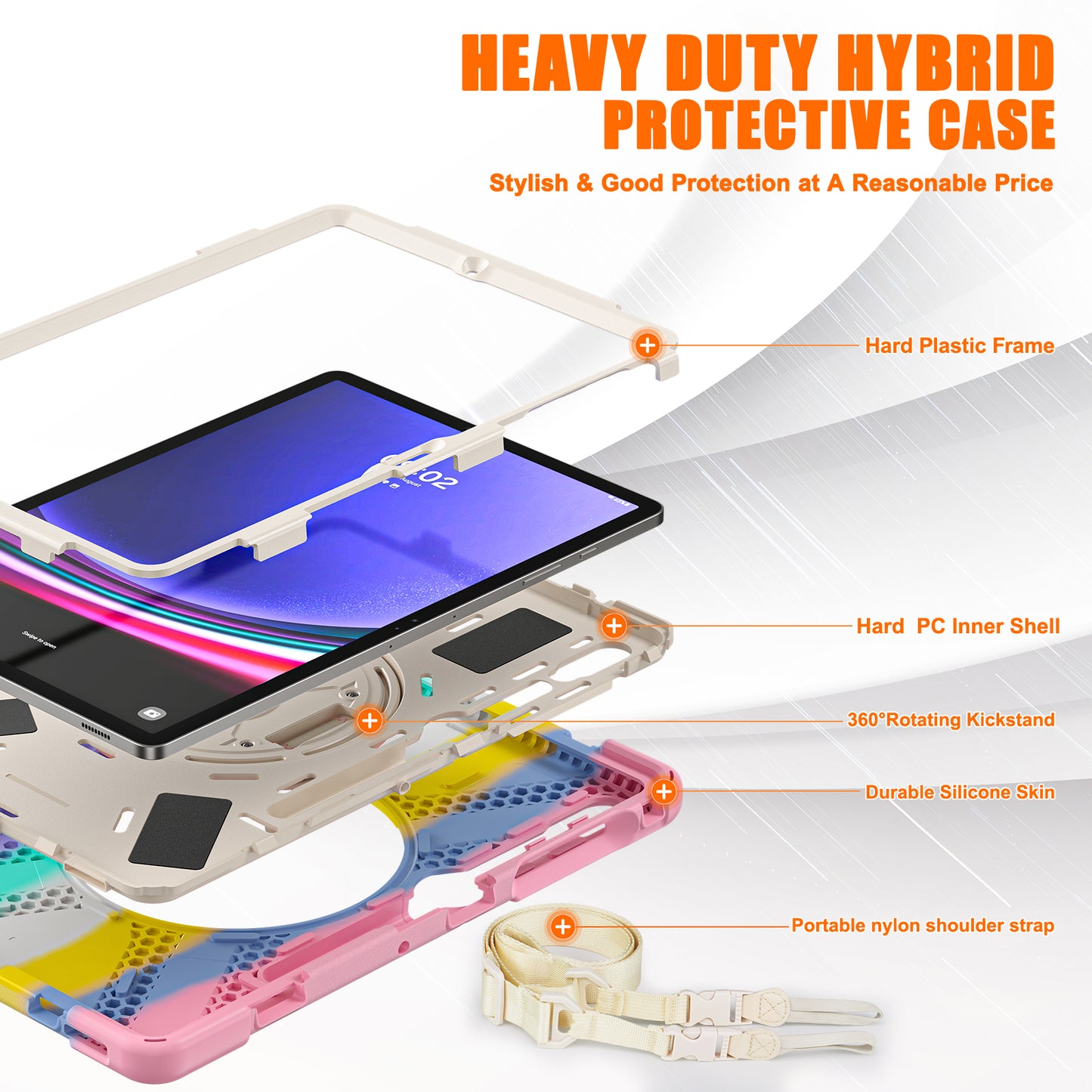For Samsung Galaxy Tab S10+ X826 / S9 FE+ / S9+ / S8+ / S7+ Shockproof PC+Silicone Rugged Tablet Case Kickstand with Hand Band  /  Shoulder Strap - Colorful Pink