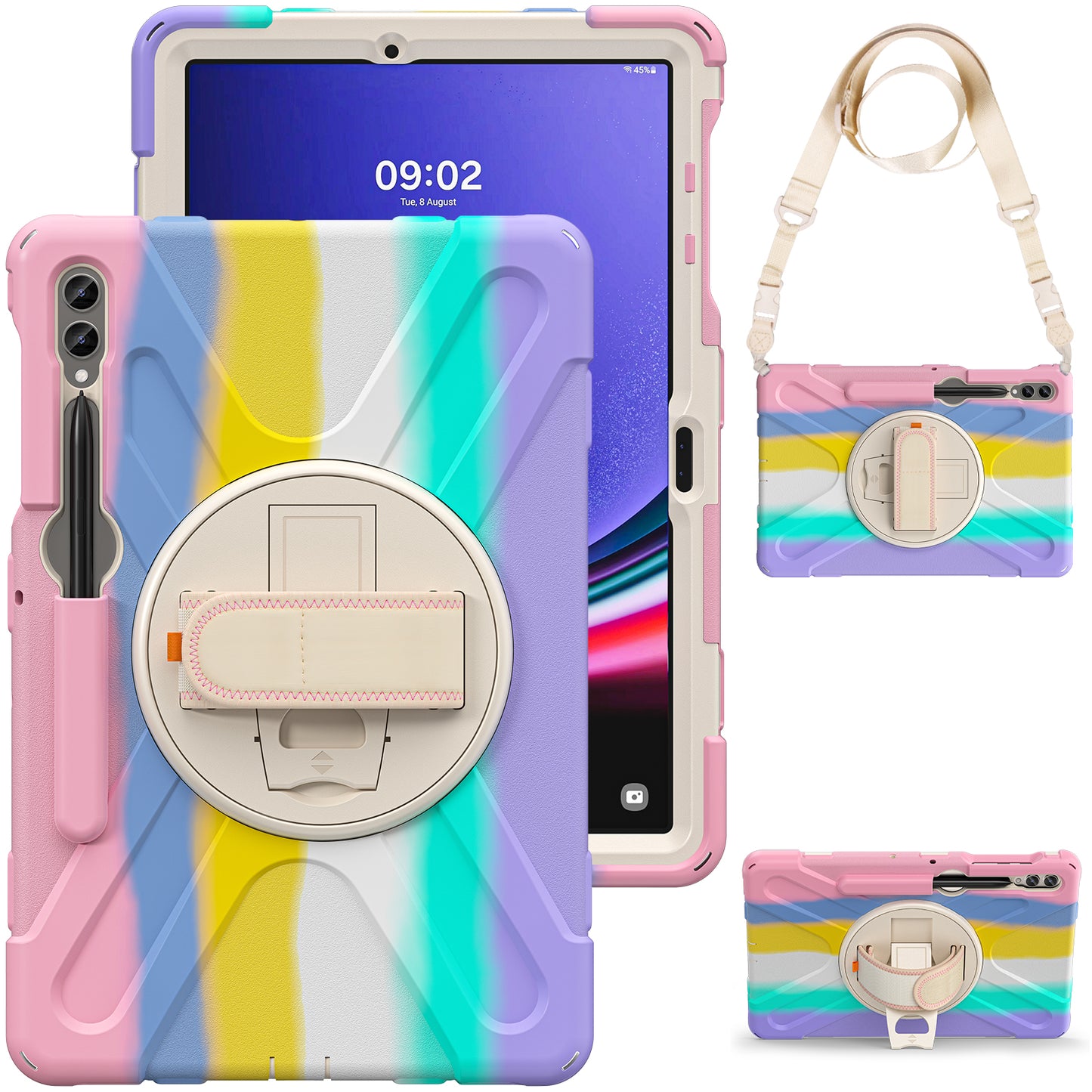 For Samsung Galaxy Tab S10+ X826 / S9 FE+ / S9+ / S8+ / S7+ Shockproof PC+Silicone Rugged Tablet Case Kickstand with Hand Band  /  Shoulder Strap - Colorful Pink