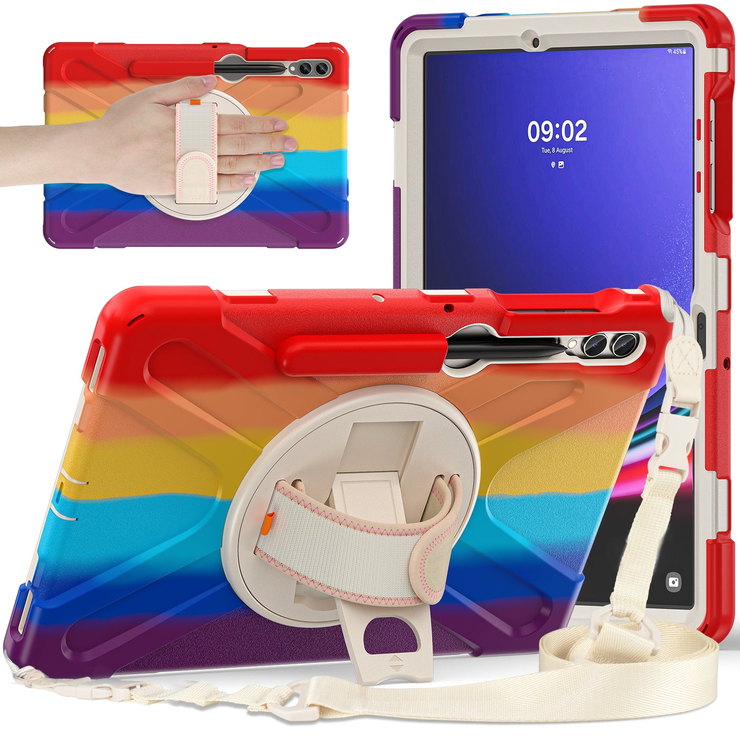For Samsung Galaxy Tab S10+ X826 / S9 FE+ / S9+ / S8+ / S7+ Shockproof PC+Silicone Rugged Tablet Case Kickstand with Hand Band  /  Shoulder Strap - Colorful Red