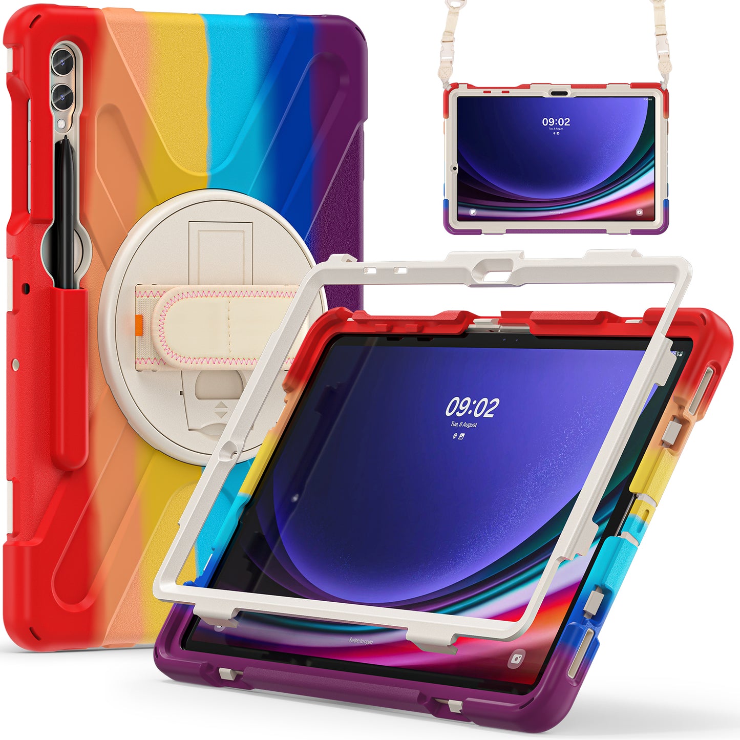 For Samsung Galaxy Tab S10+ X826 / S9 FE+ / S9+ / S8+ / S7+ Shockproof PC+Silicone Rugged Tablet Case Kickstand with Hand Band  /  Shoulder Strap - Colorful Red