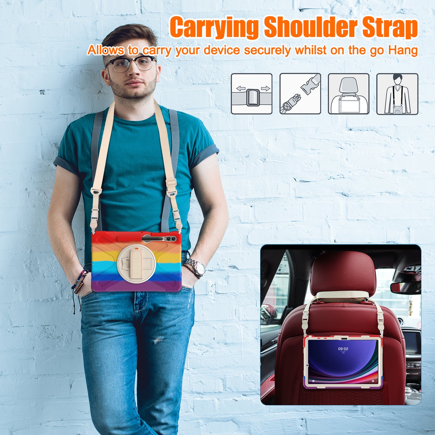 For Samsung Galaxy Tab S10+ X826 / S9 FE+ / S9+ / S8+ / S7+ Shockproof PC+Silicone Rugged Tablet Case Kickstand with Hand Band  /  Shoulder Strap - Colorful Red