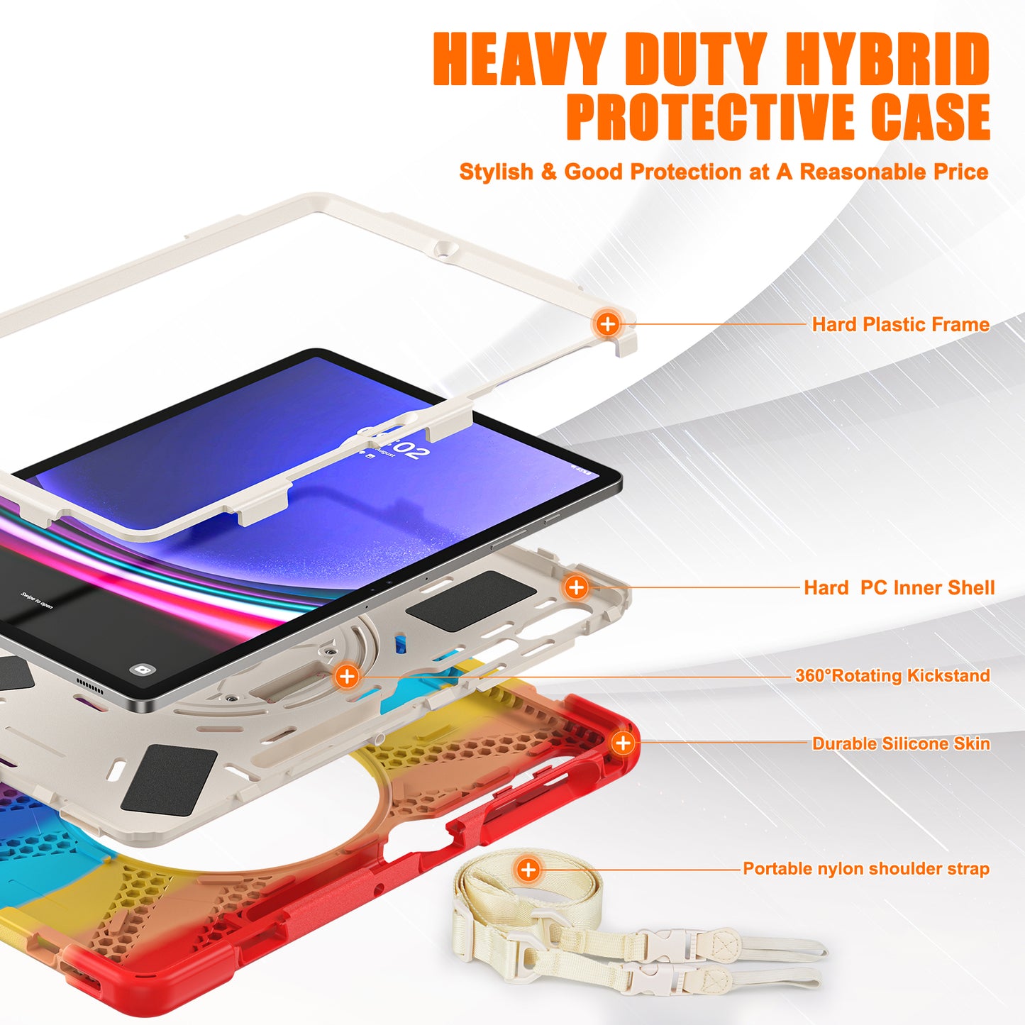 For Samsung Galaxy Tab S10+ X826 / S9 FE+ / S9+ / S8+ / S7+ Shockproof PC+Silicone Rugged Tablet Case Kickstand with Hand Band  /  Shoulder Strap - Colorful Red