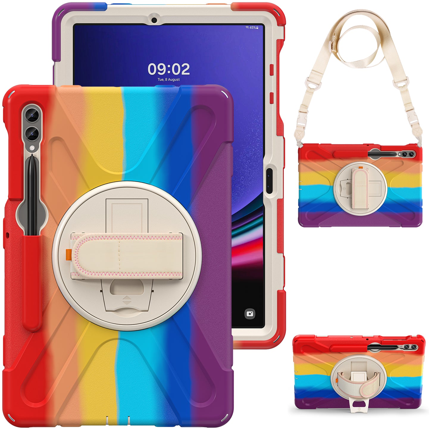 For Samsung Galaxy Tab S10+ X826 / S9 FE+ / S9+ / S8+ / S7+ Shockproof PC+Silicone Rugged Tablet Case Kickstand with Hand Band  /  Shoulder Strap - Colorful Red