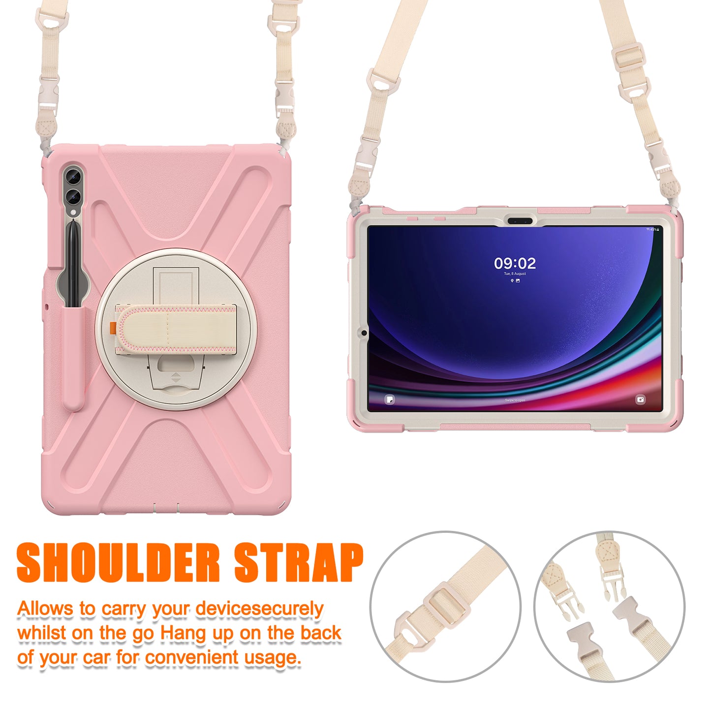 For Samsung Galaxy Tab S10+ X826 / S9 FE+ / S9+ / S8+ / S7+ Shockproof PC+Silicone Rugged Tablet Case Kickstand with Hand Band  /  Shoulder Strap - Pink  /  White