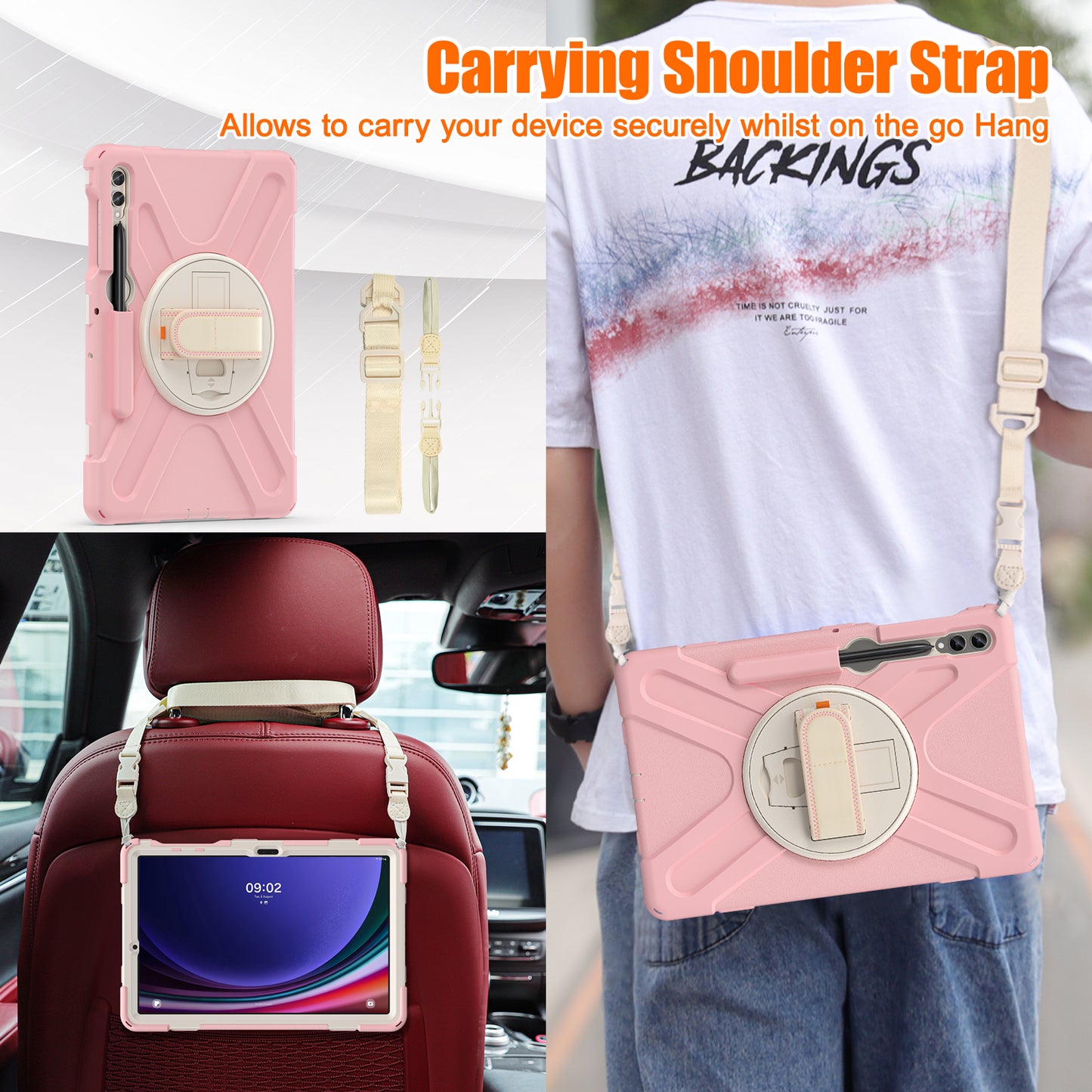 For Samsung Galaxy Tab S10+ X826 / S9 FE+ / S9+ / S8+ / S7+ Shockproof PC+Silicone Rugged Tablet Case Kickstand with Hand Band  /  Shoulder Strap - Pink  /  White