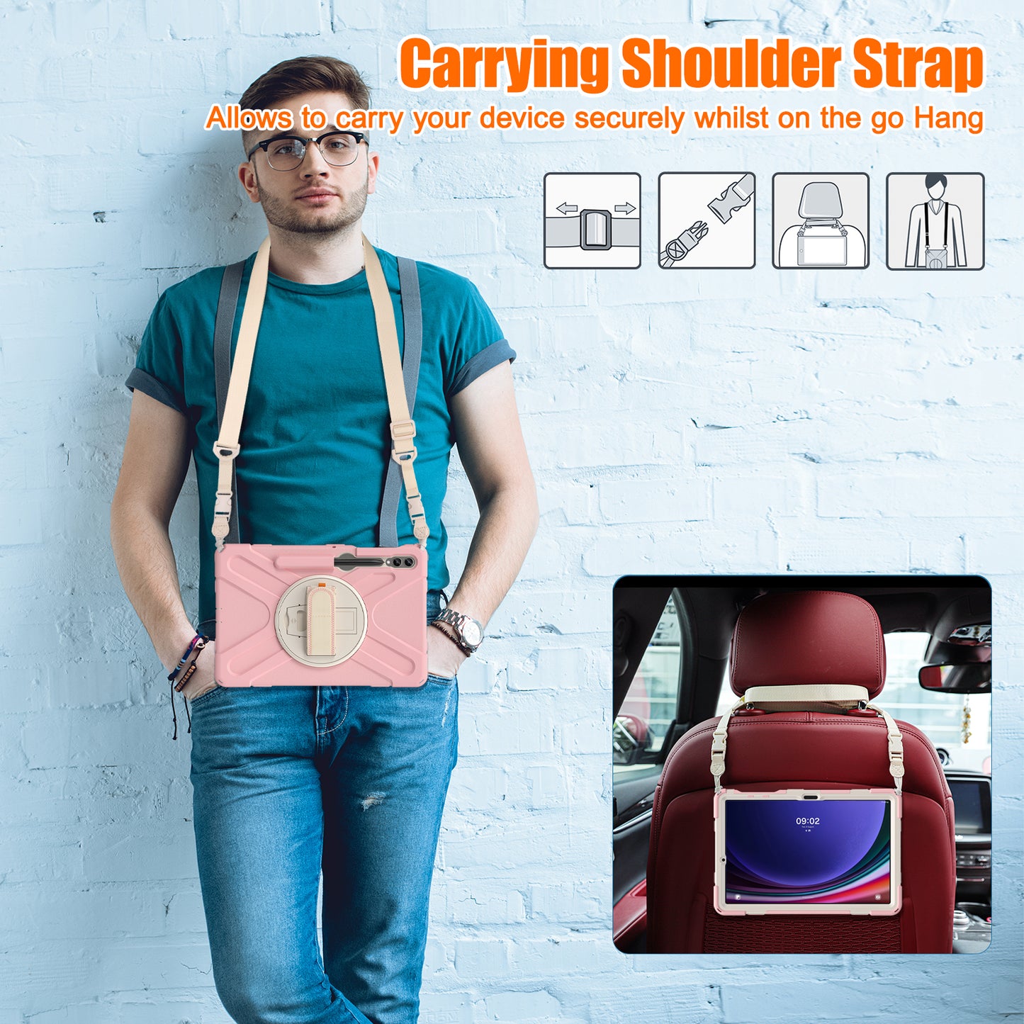 For Samsung Galaxy Tab S10+ X826 / S9 FE+ / S9+ / S8+ / S7+ Shockproof PC+Silicone Rugged Tablet Case Kickstand with Hand Band  /  Shoulder Strap - Pink  /  White