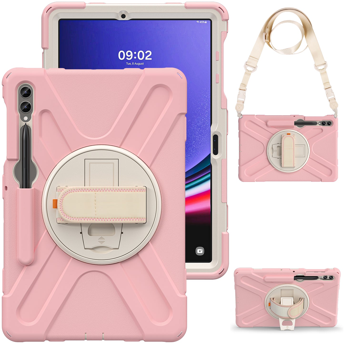 For Samsung Galaxy Tab S10+ X826 / S9 FE+ / S9+ / S8+ / S7+ Shockproof PC+Silicone Rugged Tablet Case Kickstand with Hand Band  /  Shoulder Strap - Pink  /  White