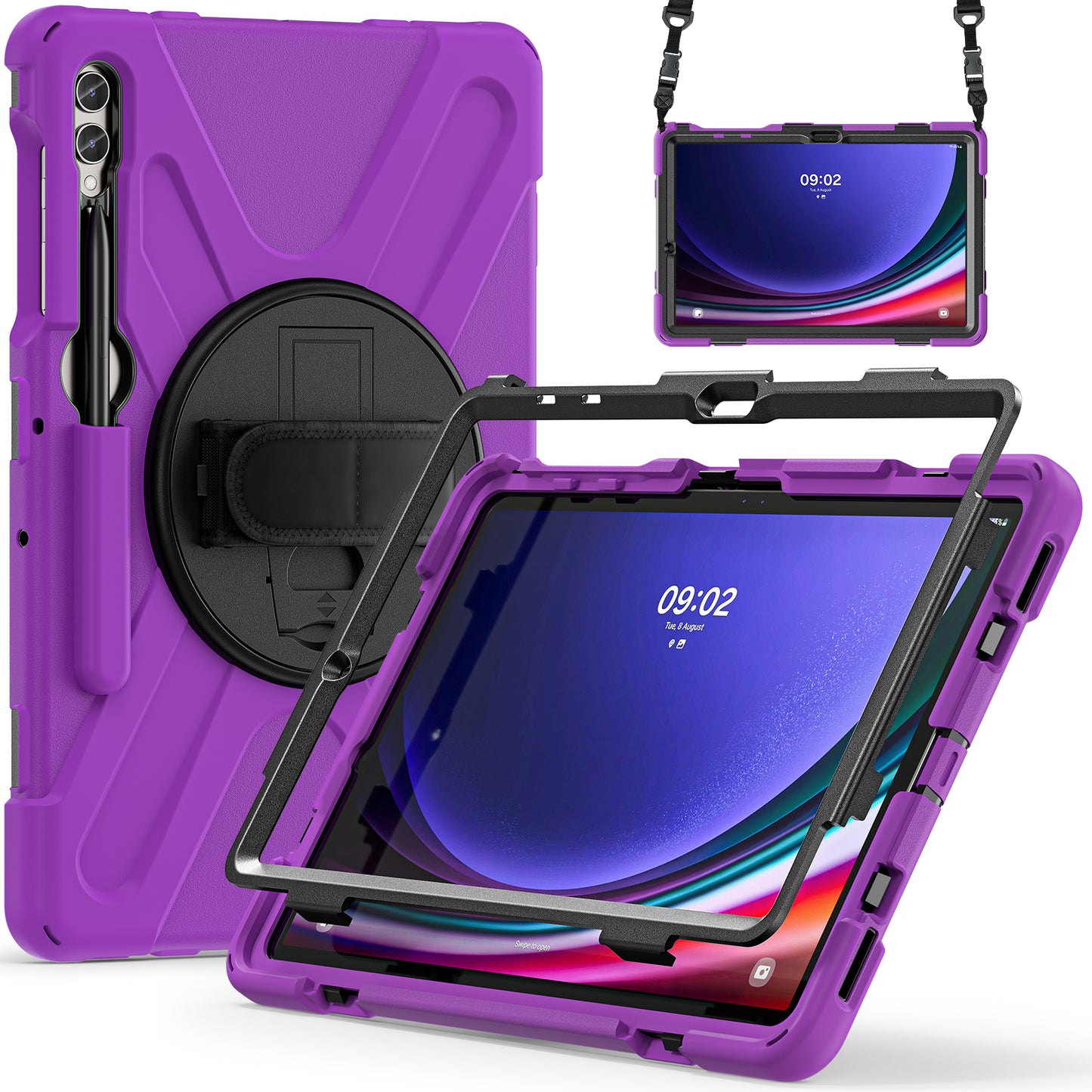 For Samsung Galaxy Tab S10+ X826 / S9 FE+ / S9+ / S8+ / S7+ Shockproof PC+Silicone Rugged Tablet Case Kickstand with Hand Band  /  Shoulder Strap - Purple  /  Black