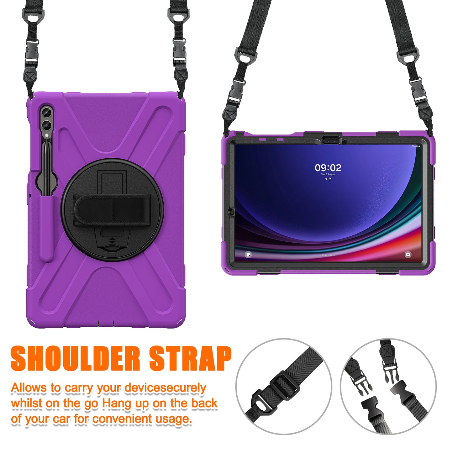 For Samsung Galaxy Tab S10+ X826 / S9 FE+ / S9+ / S8+ / S7+ Shockproof PC+Silicone Rugged Tablet Case Kickstand with Hand Band  /  Shoulder Strap - Purple  /  Black