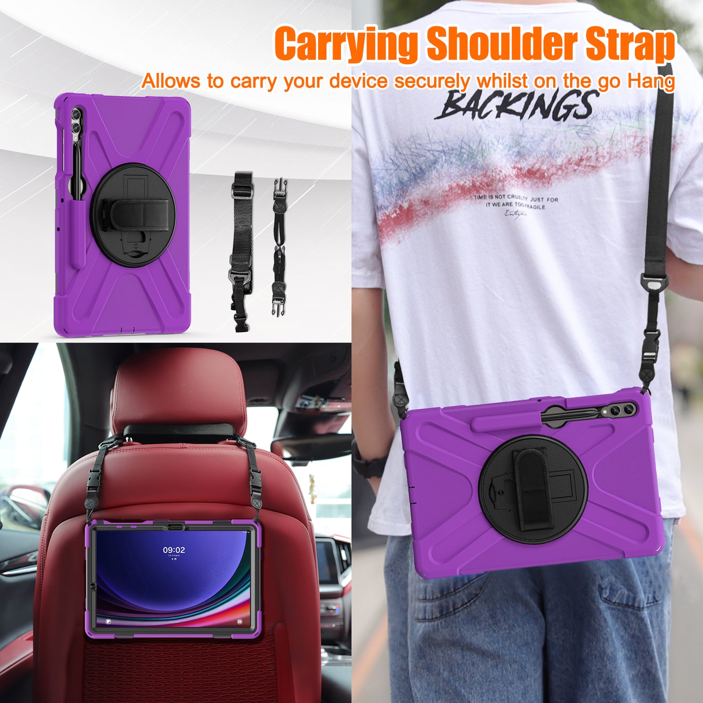 For Samsung Galaxy Tab S10+ X826 / S9 FE+ / S9+ / S8+ / S7+ Shockproof PC+Silicone Rugged Tablet Case Kickstand with Hand Band  /  Shoulder Strap - Purple  /  Black