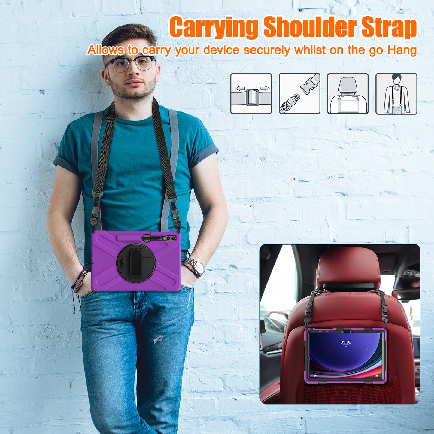For Samsung Galaxy Tab S10+ X826 / S9 FE+ / S9+ / S8+ / S7+ Shockproof PC+Silicone Rugged Tablet Case Kickstand with Hand Band  /  Shoulder Strap - Purple  /  Black