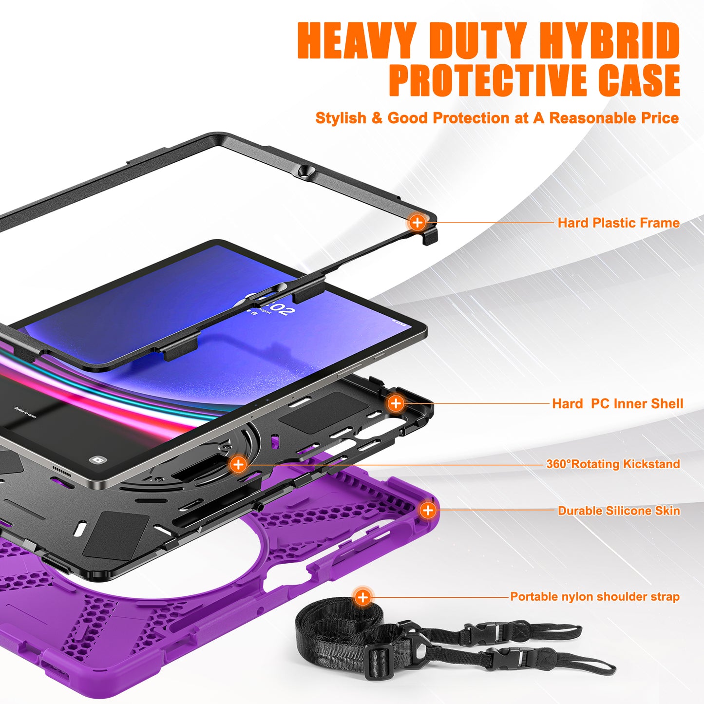 For Samsung Galaxy Tab S10+ X826 / S9 FE+ / S9+ / S8+ / S7+ Shockproof PC+Silicone Rugged Tablet Case Kickstand with Hand Band  /  Shoulder Strap - Purple  /  Black