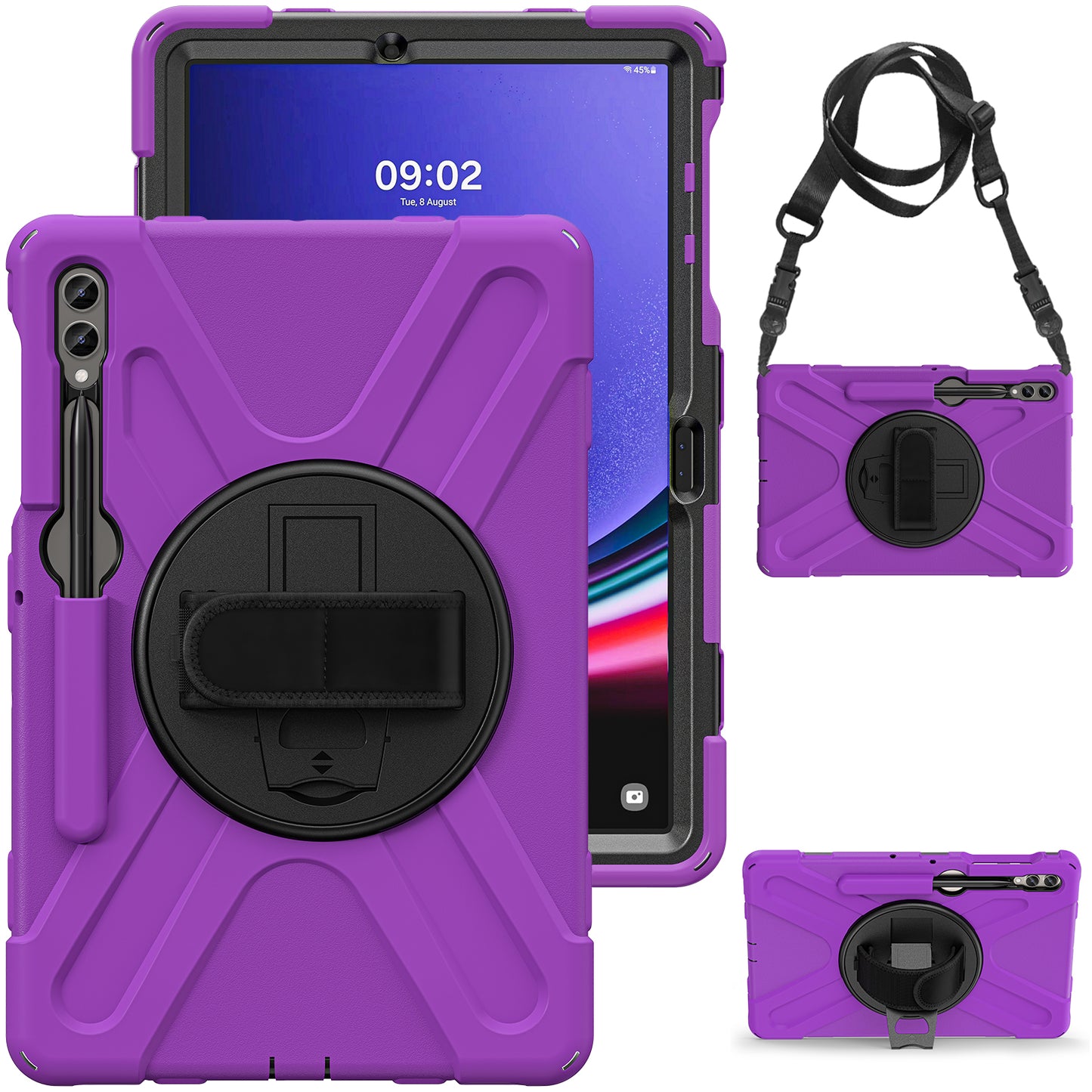For Samsung Galaxy Tab S10+ X826 / S9 FE+ / S9+ / S8+ / S7+ Shockproof PC+Silicone Rugged Tablet Case Kickstand with Hand Band  /  Shoulder Strap - Purple  /  Black