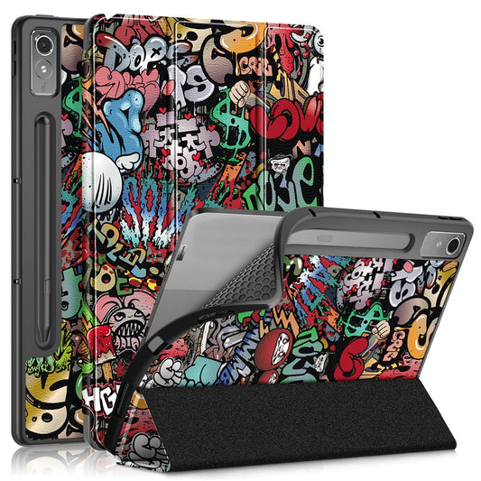 For Lenovo Lenovo Tab P12 TB371FC Pattern Printing Tri-fold Stand Tablet Cover PU Leather +TPU Tablet Case - Graffiti