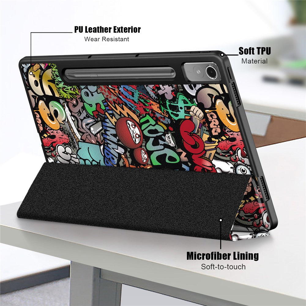For Lenovo Lenovo Tab P12 TB371FC Pattern Printing Tri-fold Stand Tablet Cover PU Leather +TPU Tablet Case - Graffiti