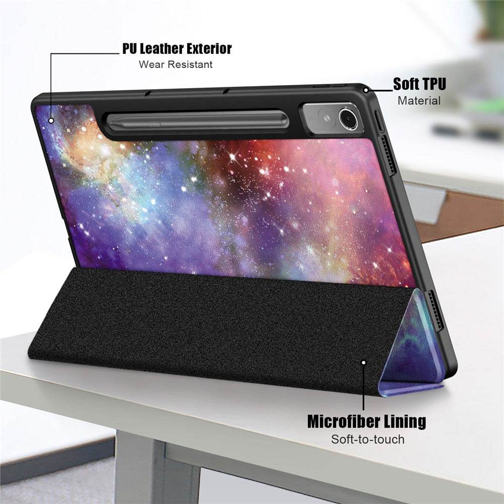 For Lenovo Lenovo Tab P12 TB371FC Pattern Printing Tri-fold Stand Tablet Cover PU Leather +TPU Tablet Case - The Milky Way