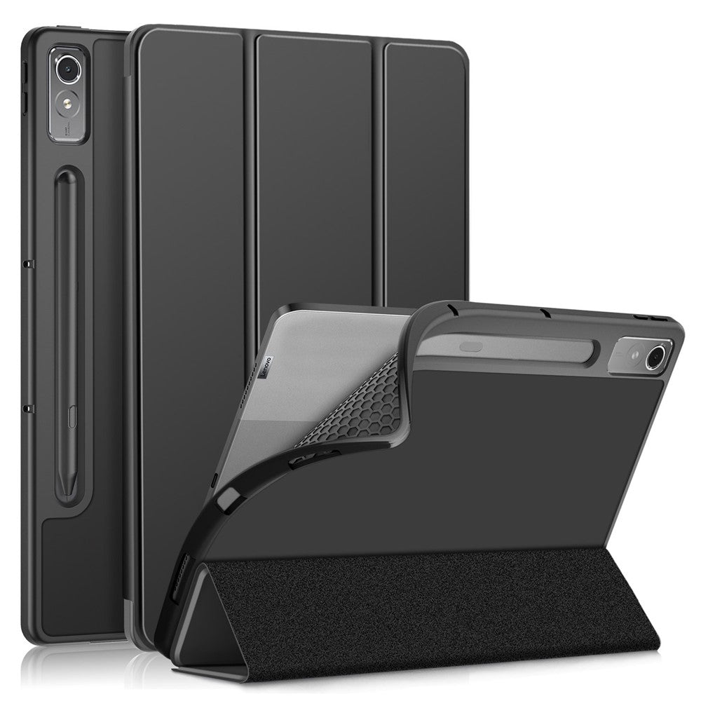 For Lenovo Tab P12 / P12 Pro Gen 2 TB371FC Trifold Stand Solid Color Smart Case PU Leather+TPU Tablet Cover - Black