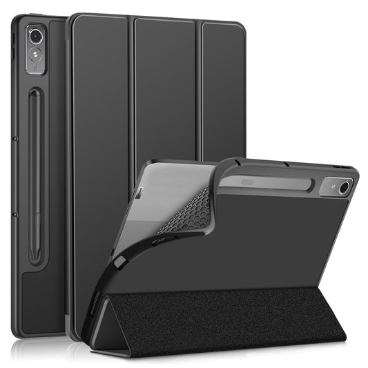 For Lenovo Tab P12 / P12 Pro Gen 2 TB371FC Trifold Stand Solid Color Smart Case PU Leather+TPU Tablet Cover - Black