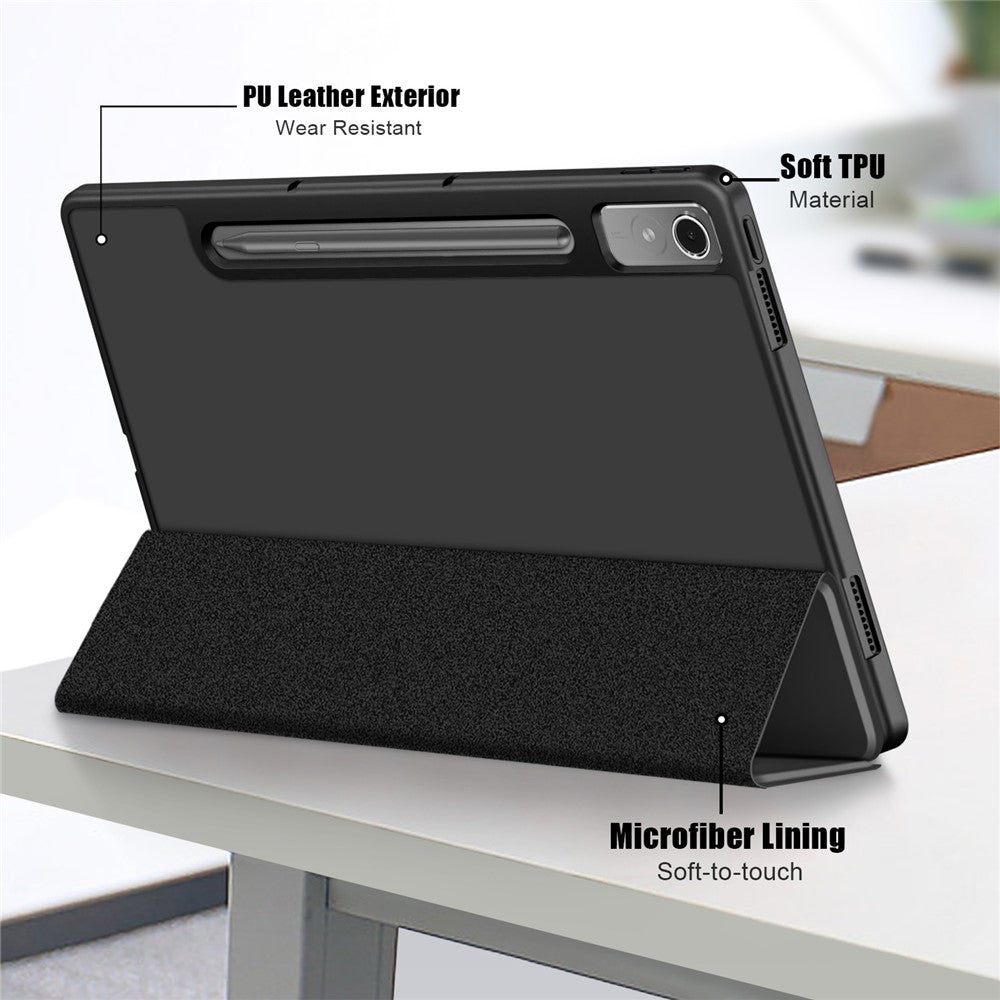 For Lenovo Tab P12 / P12 Pro Gen 2 TB371FC Trifold Stand Solid Color Smart Case PU Leather+TPU Tablet Cover - Black