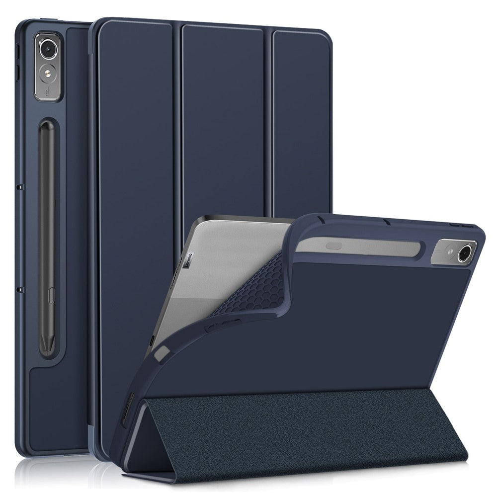For Lenovo Tab P12 / P12 Pro Gen 2 TB371FC Trifold Stand Solid Color Smart Case PU Leather+TPU Tablet Cover - Dark Blue