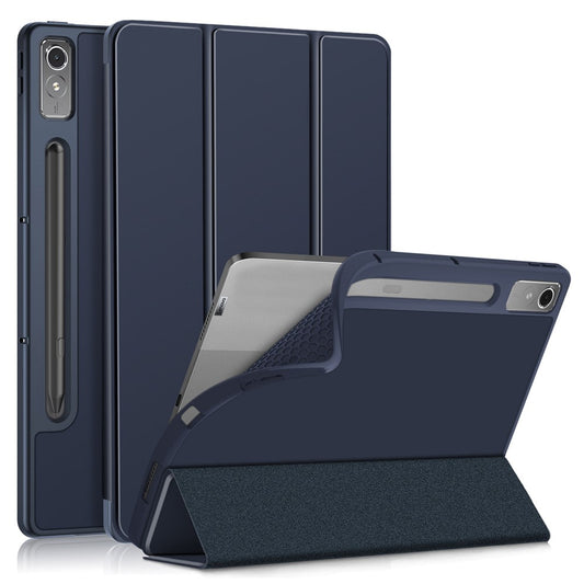 For Lenovo Tab P12 / P12 Pro Gen 2 TB371FC Trifold Stand Solid Color Smart Case PU Leather+TPU Tablet Cover - Dark Blue