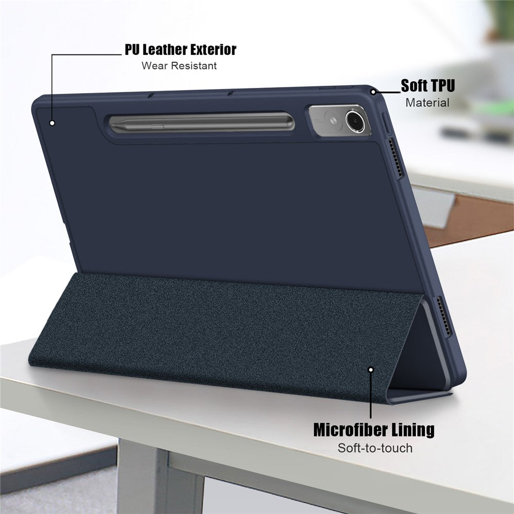 For Lenovo Tab P12 / P12 Pro Gen 2 TB371FC Trifold Stand Solid Color Smart Case PU Leather+TPU Tablet Cover - Dark Blue