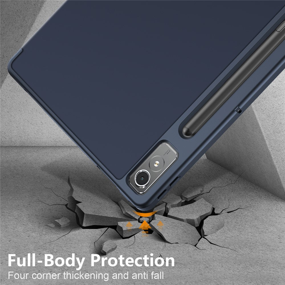 For Lenovo Tab P12 / P12 Pro Gen 2 TB371FC Trifold Stand Solid Color Smart Case PU Leather+TPU Tablet Cover - Dark Blue