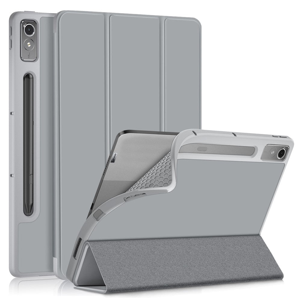 For Lenovo Tab P12 / P12 Pro Gen 2 TB371FC Trifold Stand Solid Color Smart Case PU Leather+TPU Tablet Cover - Grey