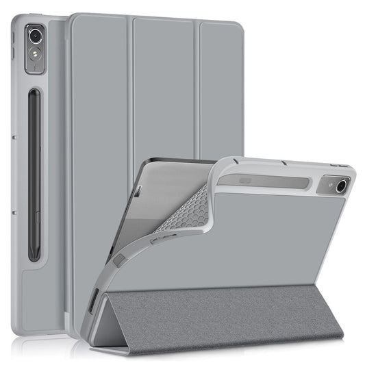 For Lenovo Tab P12 / P12 Pro Gen 2 TB371FC Trifold Stand Solid Color Smart Case PU Leather+TPU Tablet Cover - Grey