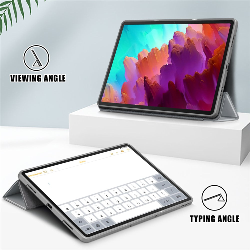 For Lenovo Tab P12 / P12 Pro Gen 2 TB371FC Trifold Stand Solid Color Smart Case PU Leather+TPU Tablet Cover - Grey
