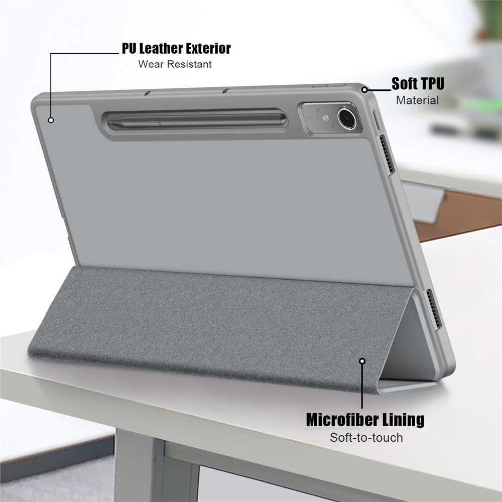 For Lenovo Tab P12 / P12 Pro Gen 2 TB371FC Trifold Stand Solid Color Smart Case PU Leather+TPU Tablet Cover - Grey