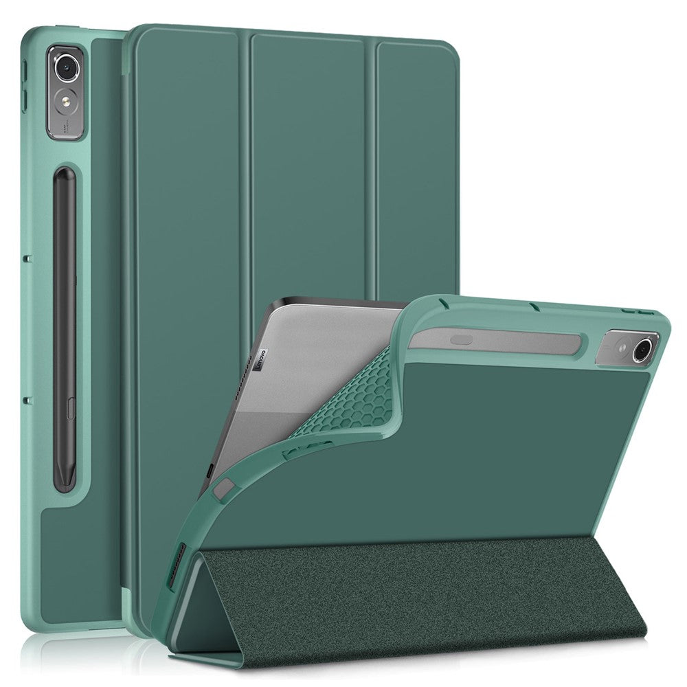For Lenovo Tab P12 / P12 Pro Gen 2 TB371FC Trifold Stand Solid Color Smart Case PU Leather+TPU Tablet Cover - Blackish Green